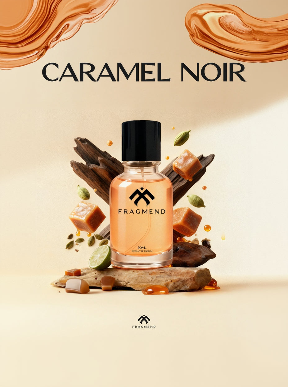 Fragrance bottle labeled 'Fragment' with caramel and lime elements on a beige background