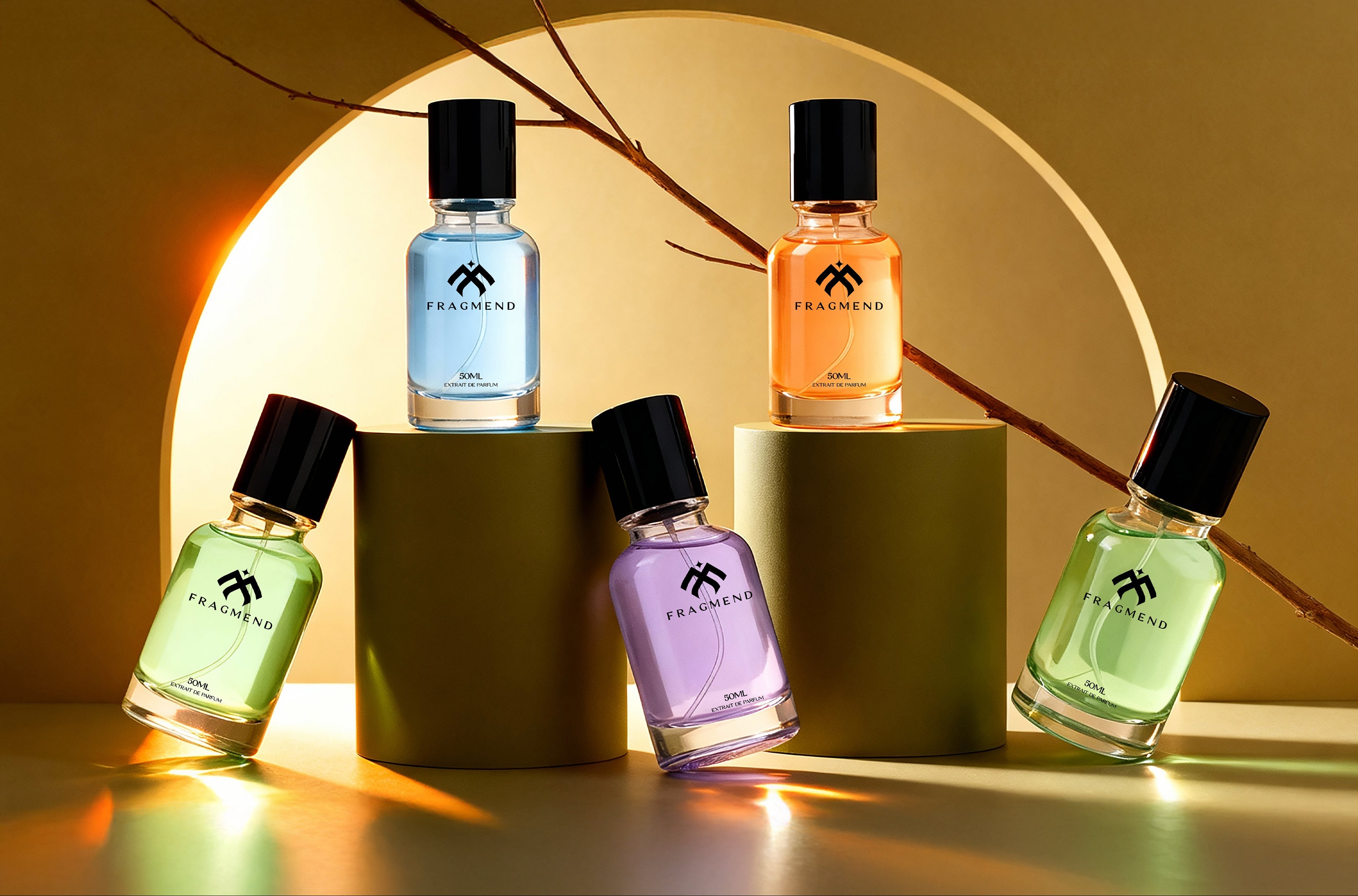 Five bottles of perfume on cylindrical stands with a warm background