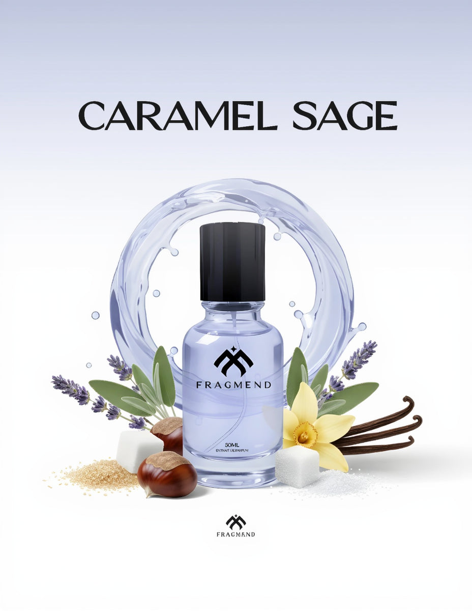 Fragrance bottle labeled 'Fragment' with 'Caramel Sage' text, surrounded by lavender, vanilla bean, and chestnuts on a light background.