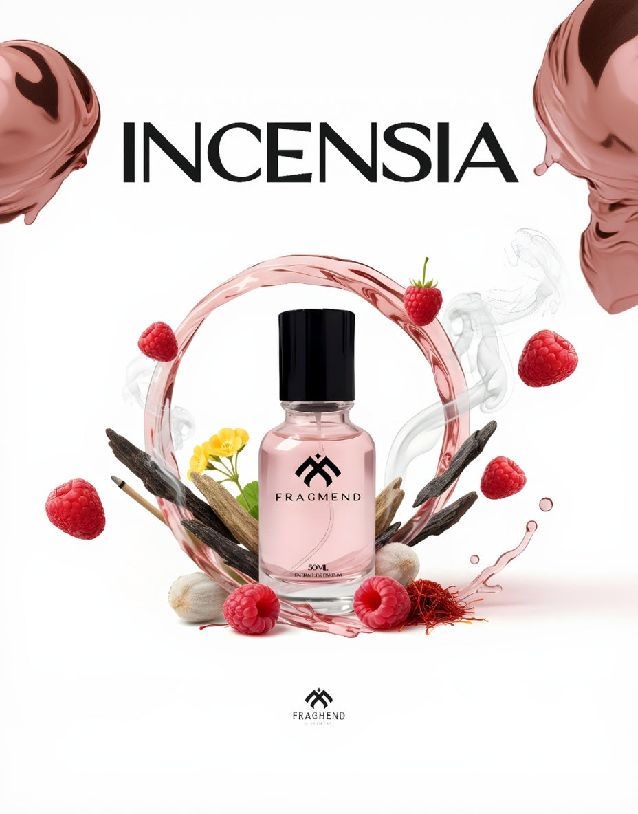 Pink perfume bottle with black cap surrounded by raspberries and flowers, featuring the brand 'Incensia' and 'Fragment'.