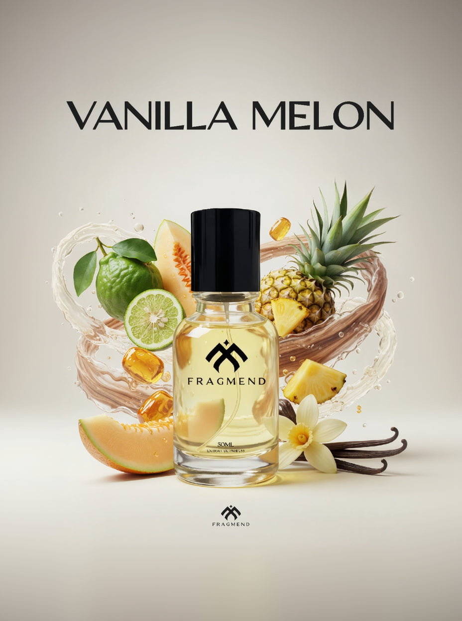 Fragrance bottle labeled 'Vanilla Melon' with fruits and flowers on a light background