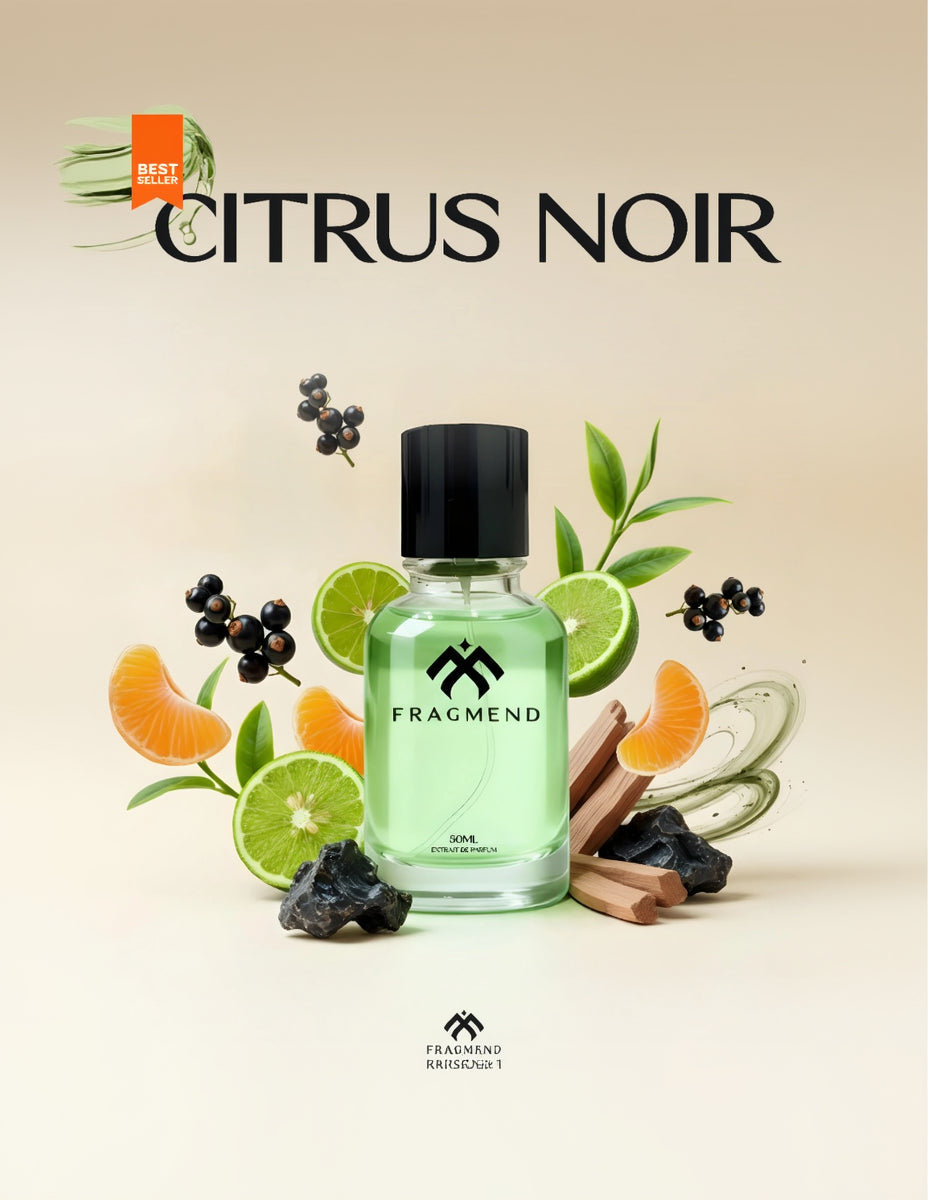 Fragmend Citrus Noir perfume bottle with citrus and leaf elements on a beige background