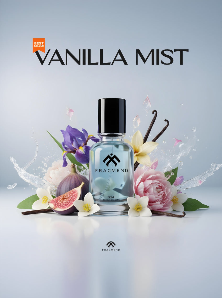Fragrance bottle labeled 'Vanilla Mist' by 'Framend' with flowers and vanilla beans on a light background
